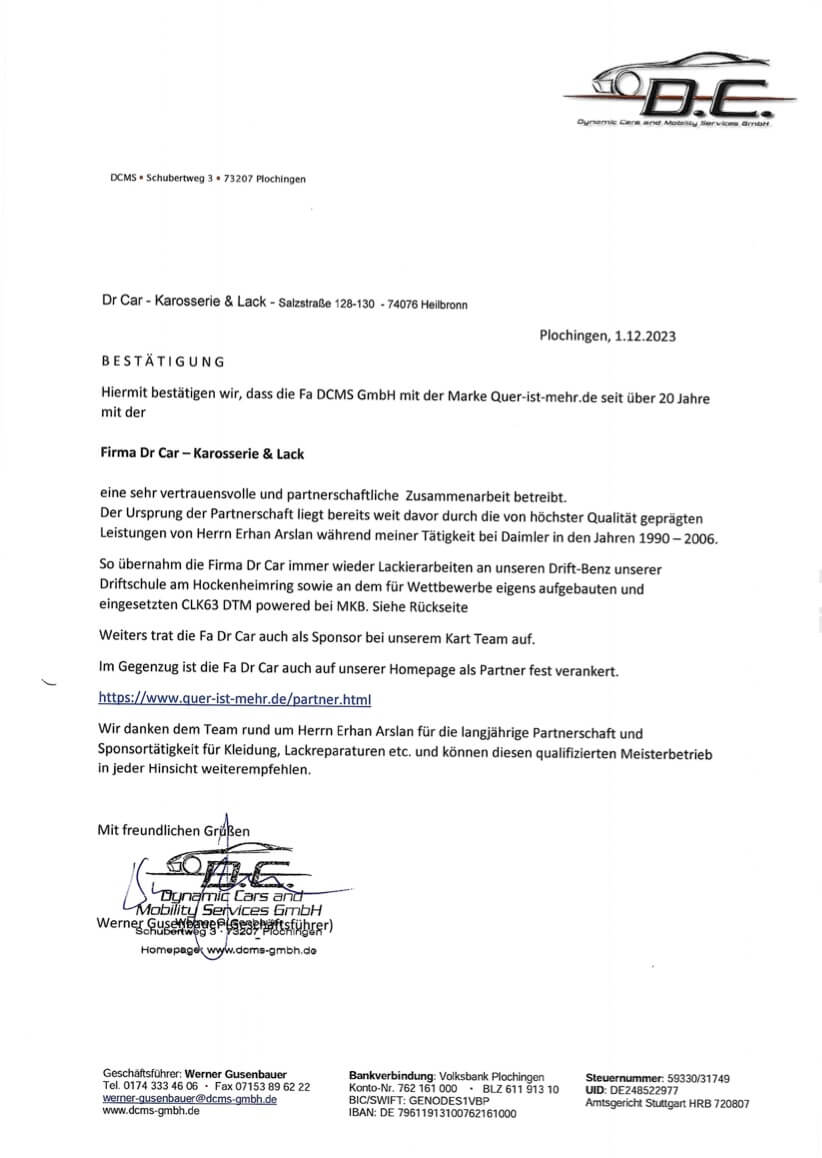 Dr Car DCMS Bestätigung Kooperationen
